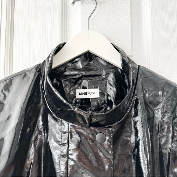 Jane Post Black Patent Shiny Boxy Rain Coat Poncho Jacket Snap Button Back 1X - Picture 2 of 14